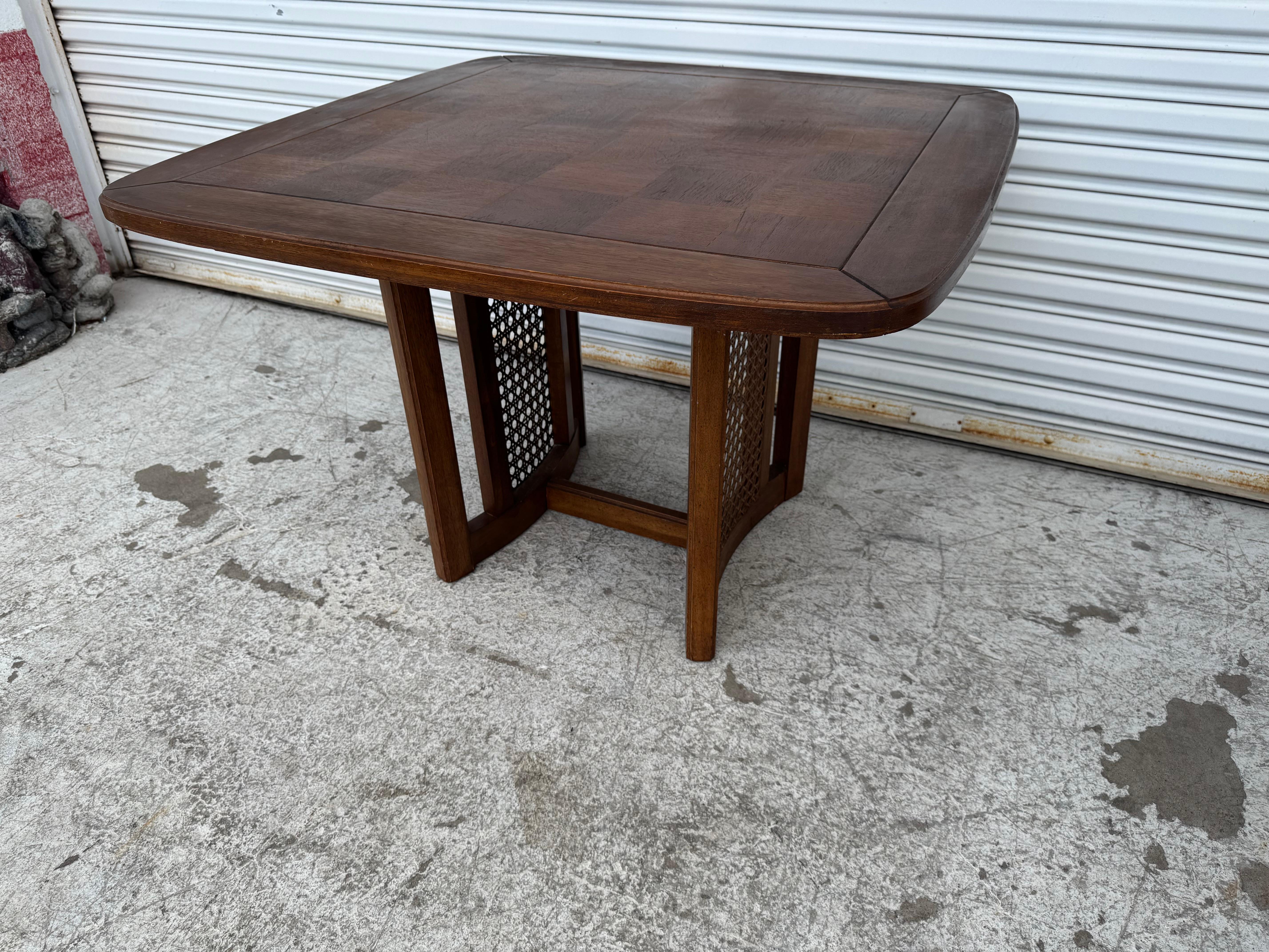 Mid-Century Modern Vintage 1960's Caned Bottom Breakfast Table W/ Checkerboard Parquet Top For Sale