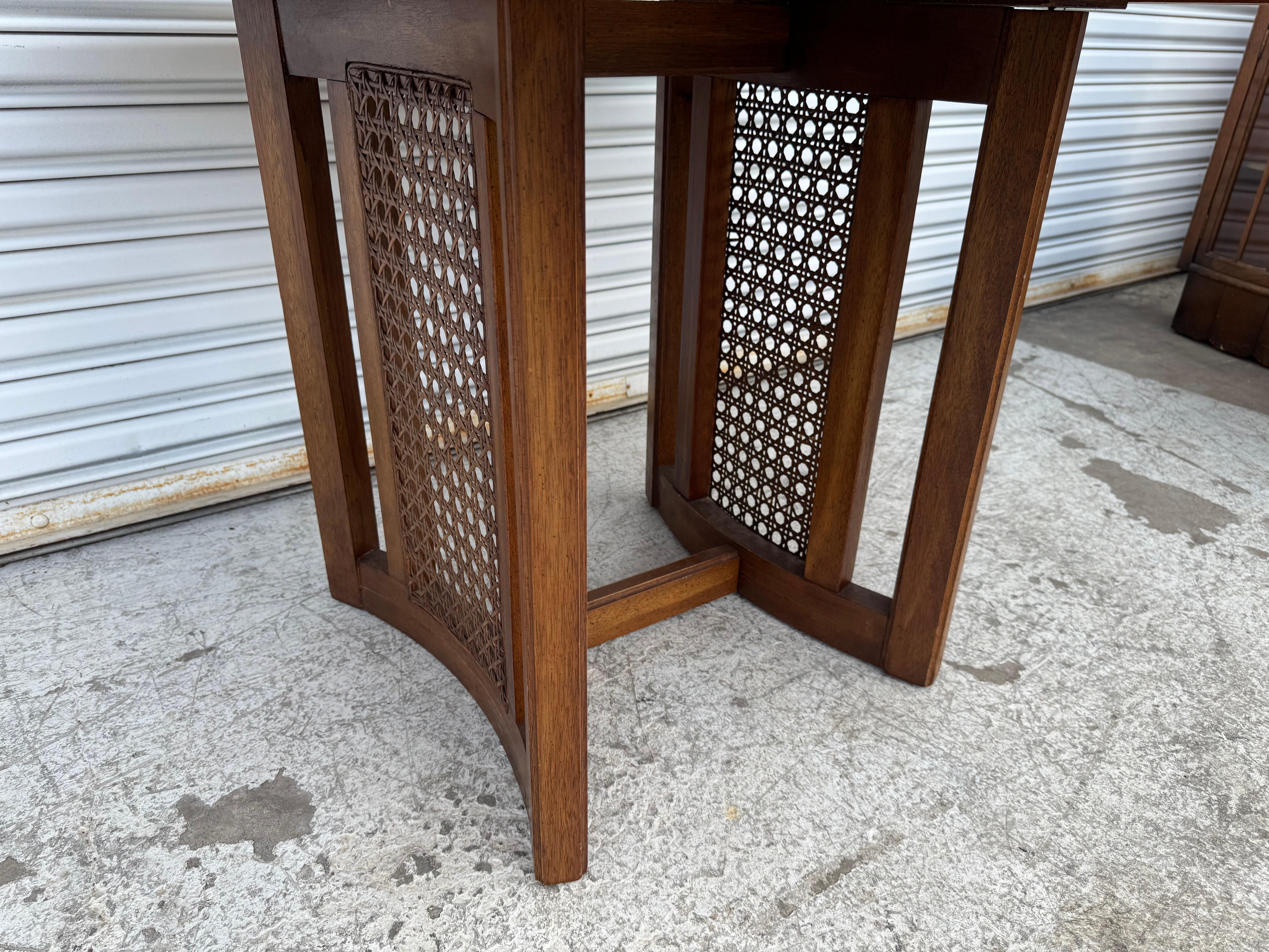 Vintage 1960's Caned Bottom Breakfast Table W/ Checkerboard Parquet Top In Good Condition For Sale In Pasadena, TX