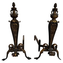 Pair of Early 19th Century Italian Gilt Wrought Iron Acanthus Andirons