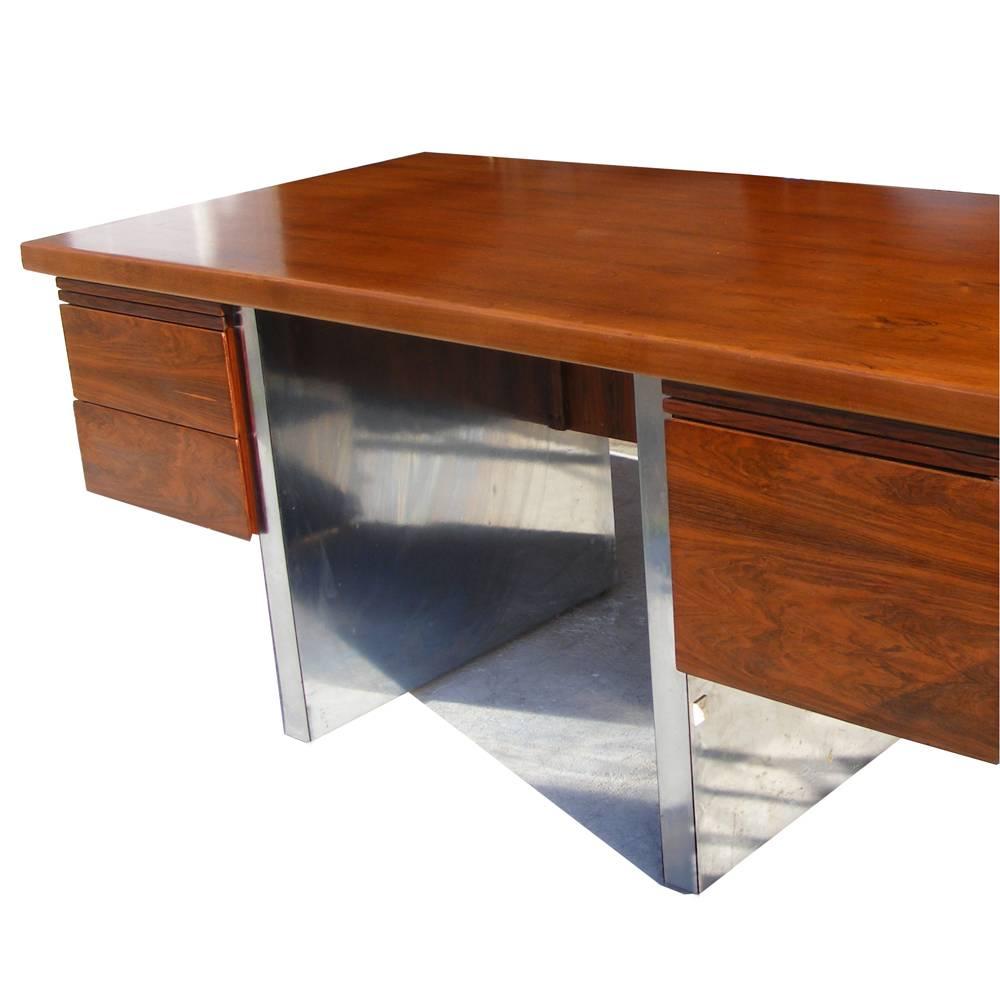 Late 20th Century Dunbar Roger Sprunger Rosewood and Stainless Steel Desk For Sale