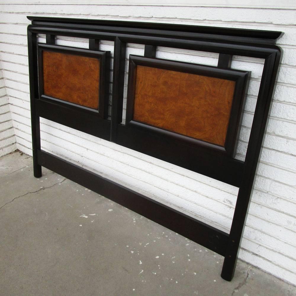 A queen size headboard made by Century Furniture from their Chin Hua' An line. Ebonized maple with burled ash panels in an Asian design.  As shown in the last image, we also have a matching dresser and nightstands also available on 1stdibs.