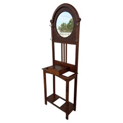 Antique Edwardian Hall Tree in Solid Oak with Round Mirror, 1890s