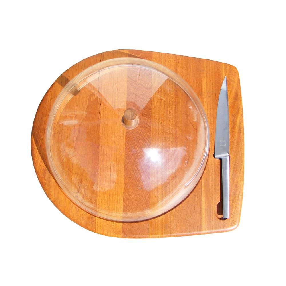 A vintage teak cheese tray with a knife and dome manufactured by Digsmed. Tray made of solid staved teak, the knife is stainless steel, and the dome is clear acrylic. Made in the 1960s, this set is a perfect example of Scandinavian modern.