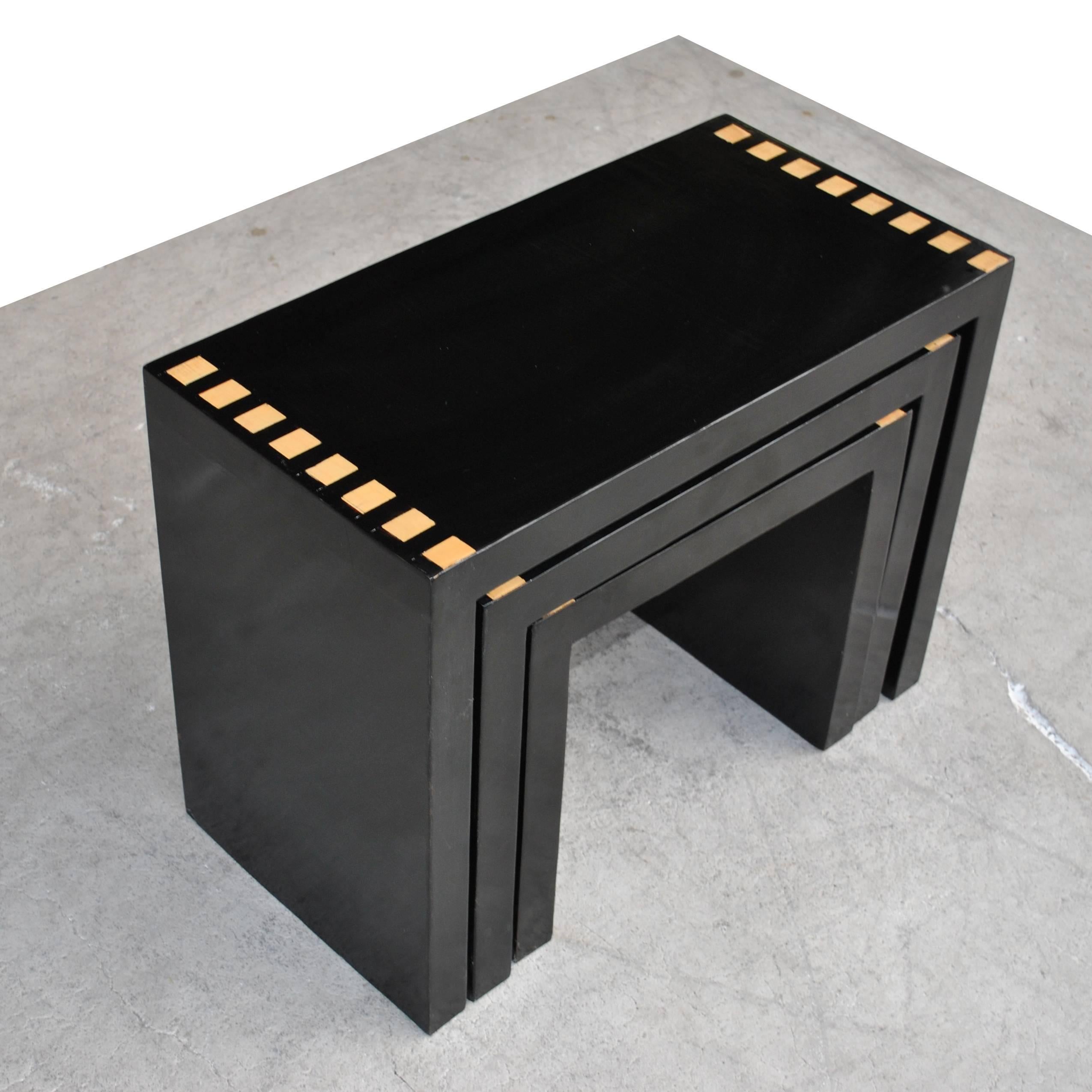 Wood Three Black Lacquer Nesting Tables