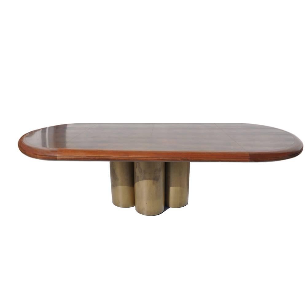 Large oval conference table with three cylinder bronze base attributed to Bernhard Rohne.
Etched copper top on wood frame.
 