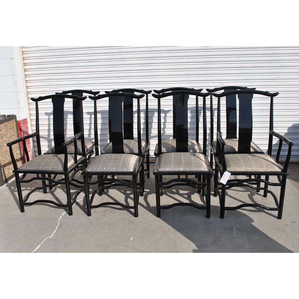 Ebonized Eight Italian Black Lacquer Chin Hua Dining Chairs