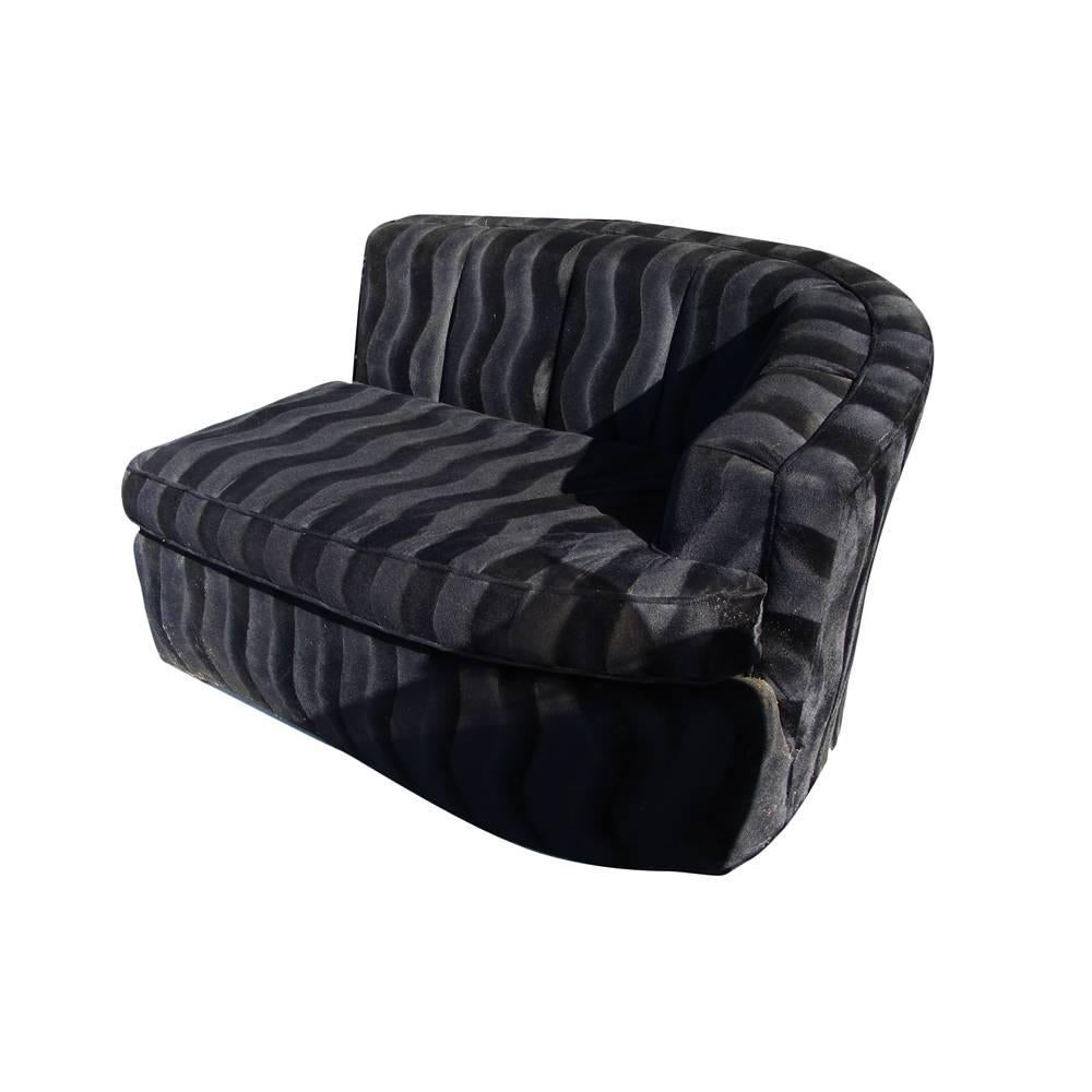Franz Wittmann

In the manner of
Josef Hoffmann
 
Two-piece Mid-Century Modern sectional sofa. 
 
 
Upholstered in chevron black velour. Two pieces that can configure as one sofa.
 