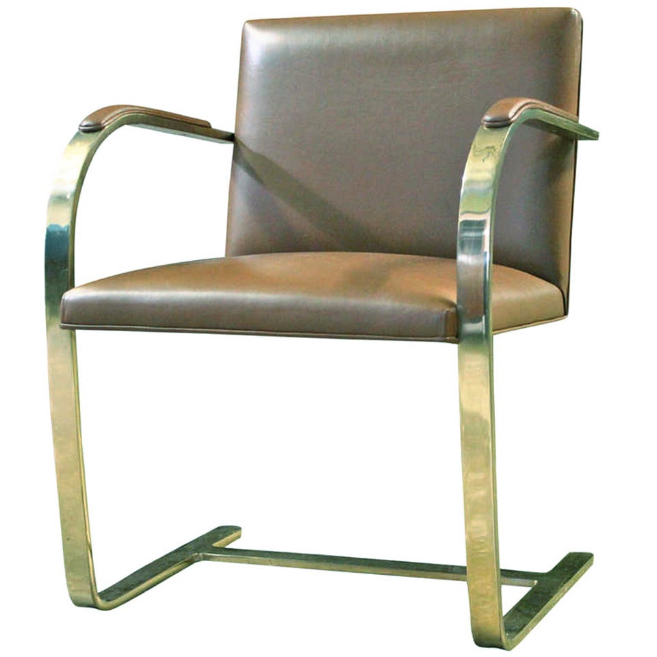 One Brass Flat-Bar Brno Chairs by Mies Van Der Rohe