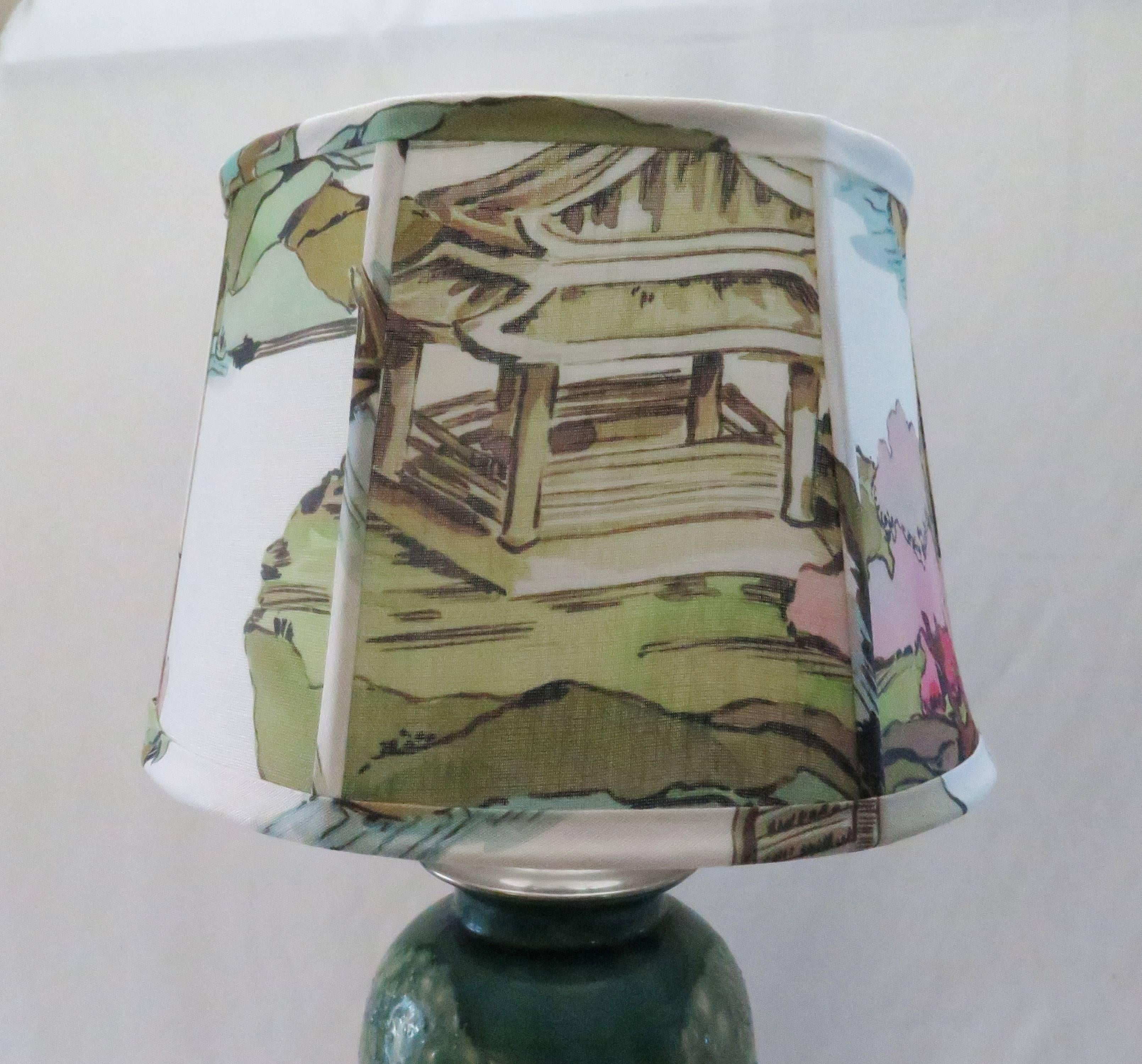 Ceramic jar with acrylic base table lamp and Kravet Couture linen with beautiful scenic pattern used on custom lampshade by Maison Maison. 
Acrylic base is 6