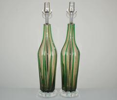 Green Murano Pin Striped Table Lamps