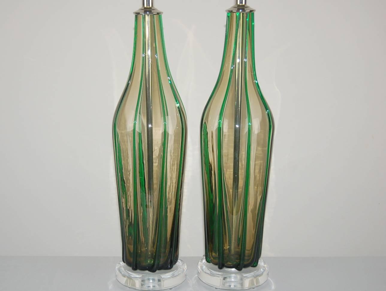 Italian Green Murano Pin Striped Table Lamps For Sale