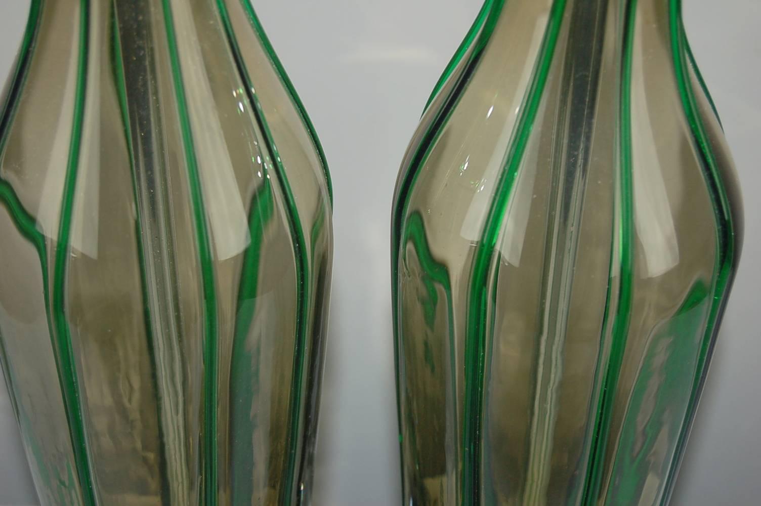 Green Murano Pin Striped Table Lamps For Sale 2