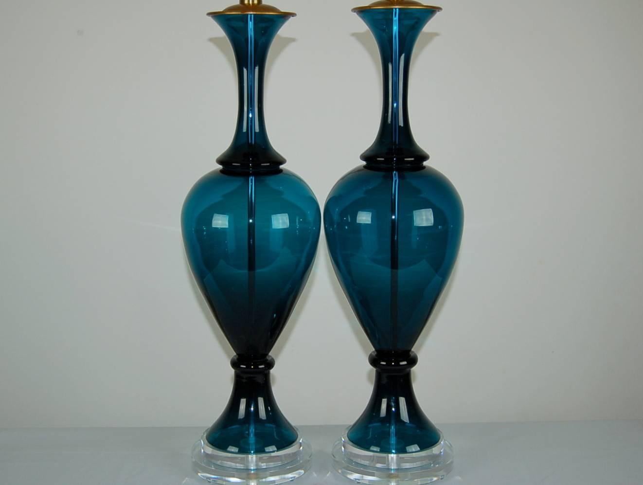 Matched Pair of Vintage Murano Lamps by Marbro in Teal In Excellent Condition In Little Rock, AR
