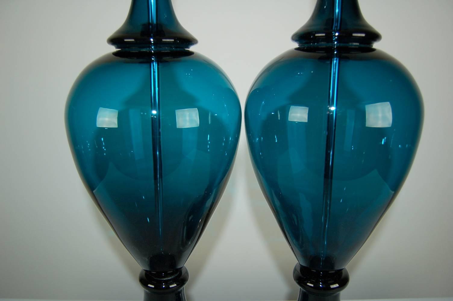 Matched Pair of Vintage Murano Lamps by Marbro in Teal 2