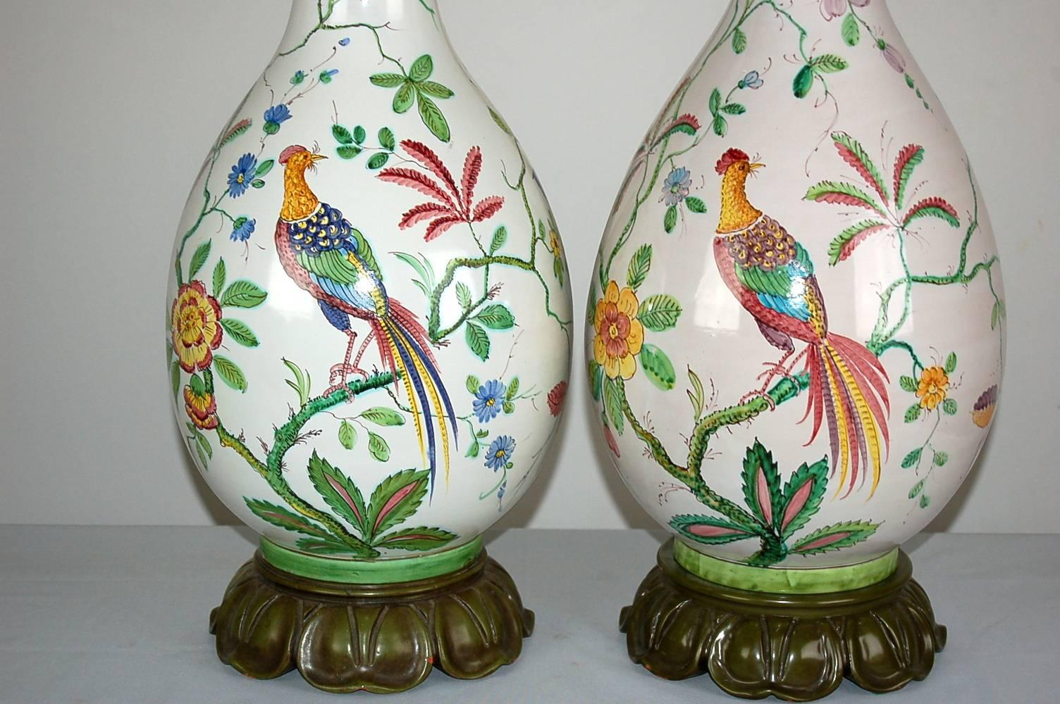 Brushed Pair of Vintage Italian Porcelain Peacock Lamps by Marbro For Sale