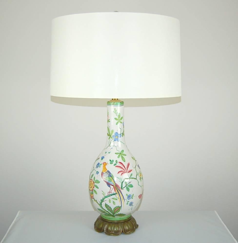 Elegant Italian Peacock lamps on original 'Lily Pad' bases by The Marbro Lamp Company. Such vibrant colors - a touch of Italian whimsy. 

They stand 30 inches from tabletop to socket top. As shown, the top of shade is 36 inches high. Lampshades
