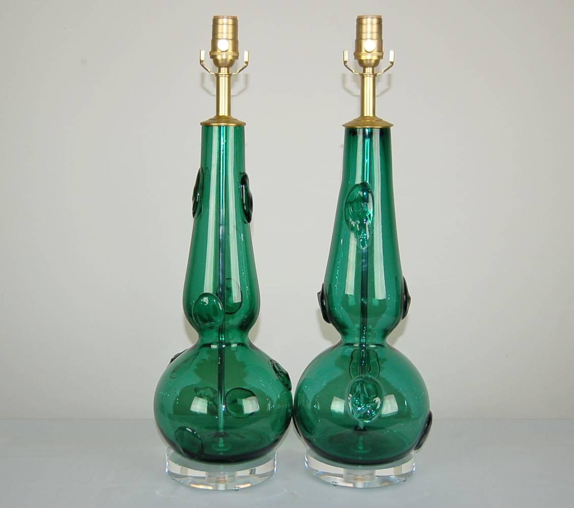 Mid-Century Modern Matched Pair of Vintage Murano Lamps in Jade Green with Large Prunts For Sale