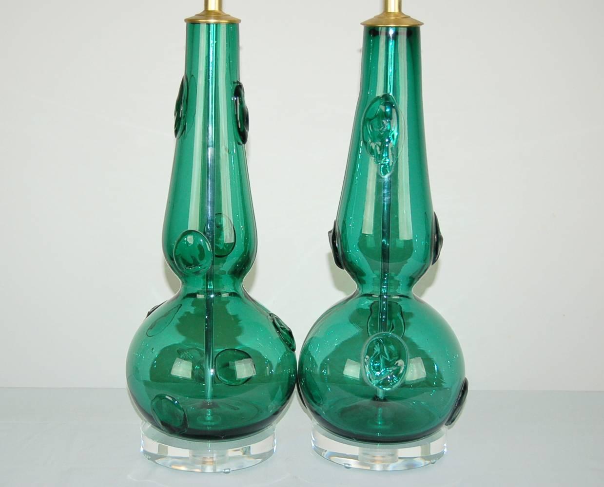 Italian Matched Pair of Vintage Murano Lamps in Jade Green with Large Prunts For Sale