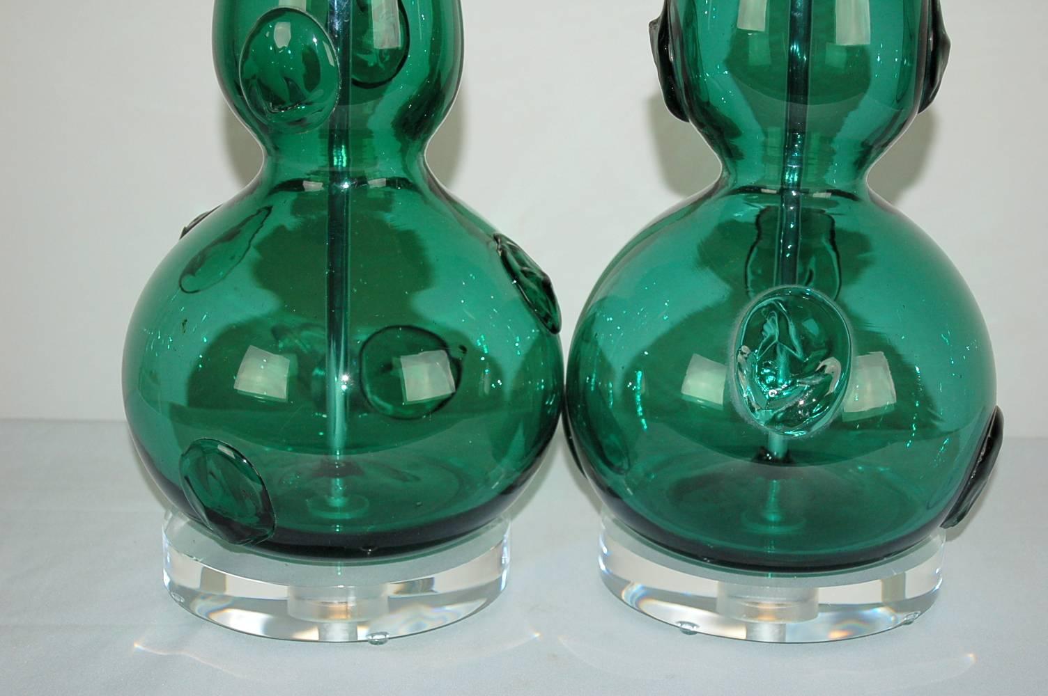 Matched Pair of Vintage Murano Lamps in Jade Green with Large Prunts In Excellent Condition For Sale In Little Rock, AR