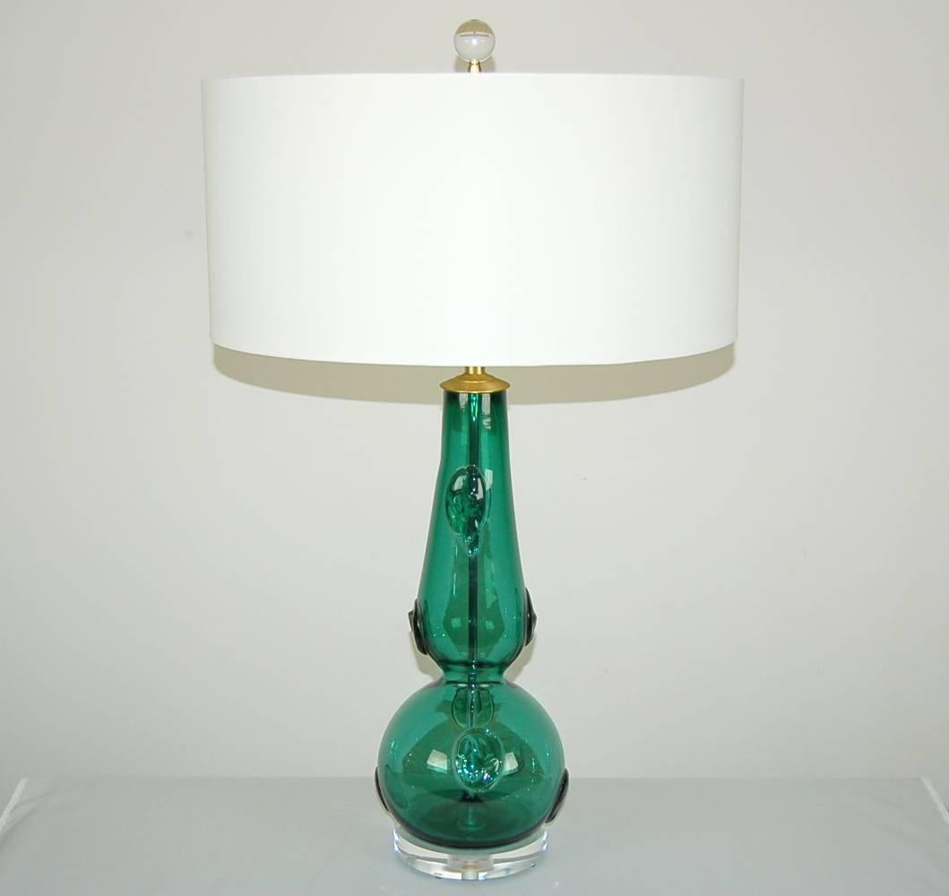Spectacular JADE GREEN Murano lamps with large dollops of applied glass prunts, as would decorate a special cake. Such a lovely, and rarely seen, color!

The lamps stand 24 inches from tabletop to socket top. As shown, the top of shade is 29