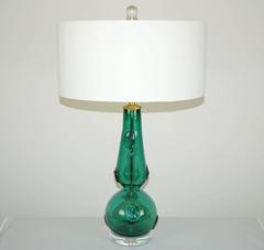 Matched Pair of Vintage Murano Lamps in Jade Green with Large Prunts