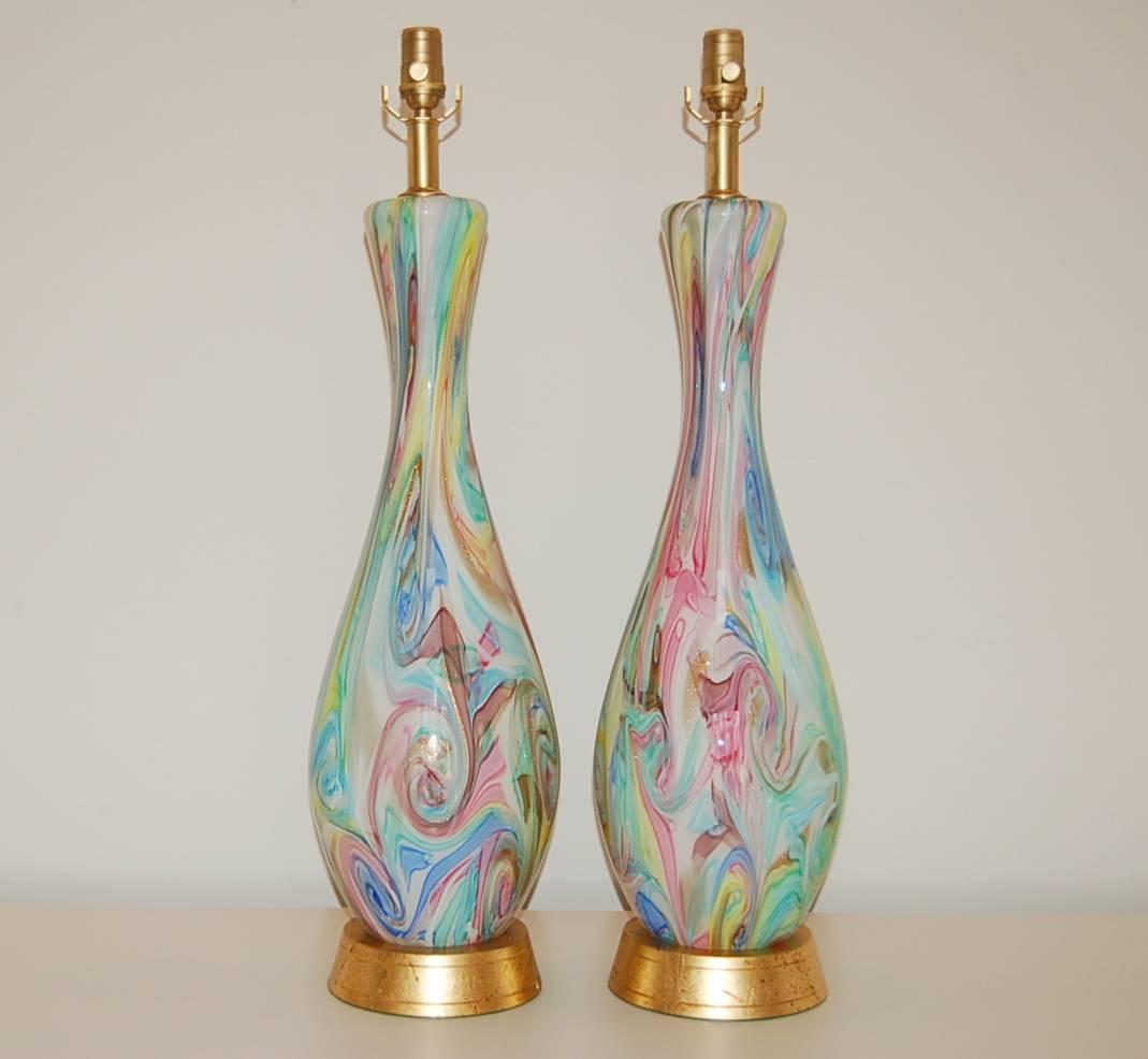 The extremely famous pattern from the early sixties called Starry Nights by Fratelli Toso, rarely seen as lamps. Magnificent MULTICOLORED, imposing presence, iconic design - a matched pair is rarely available for sale!

They stand 31 inches from