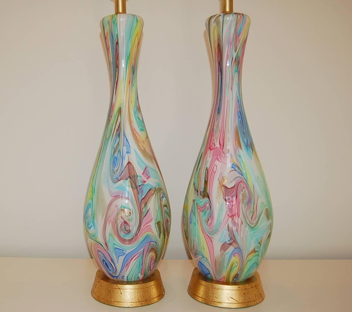 Italian Fratelli Toso Murano Lamps of Multicolored Swirls For Sale