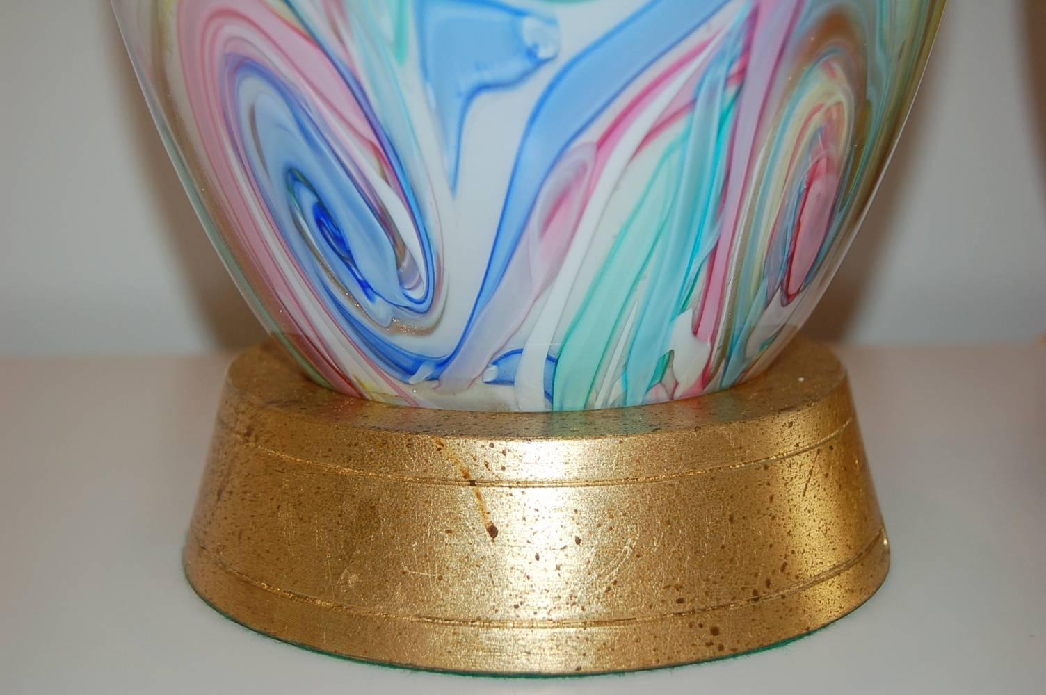 Mid-20th Century Fratelli Toso Murano Lamps of Multicolored Swirls For Sale