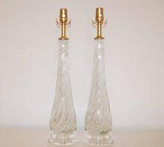 Matched Pair of Swirled Vintage Murano Lamps in Clear