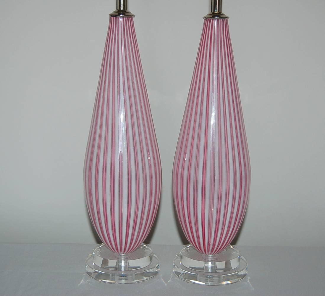 Mid-Century Modern Matched Pair of Striped Pink Vintage Murano Lamps by Dino Martens