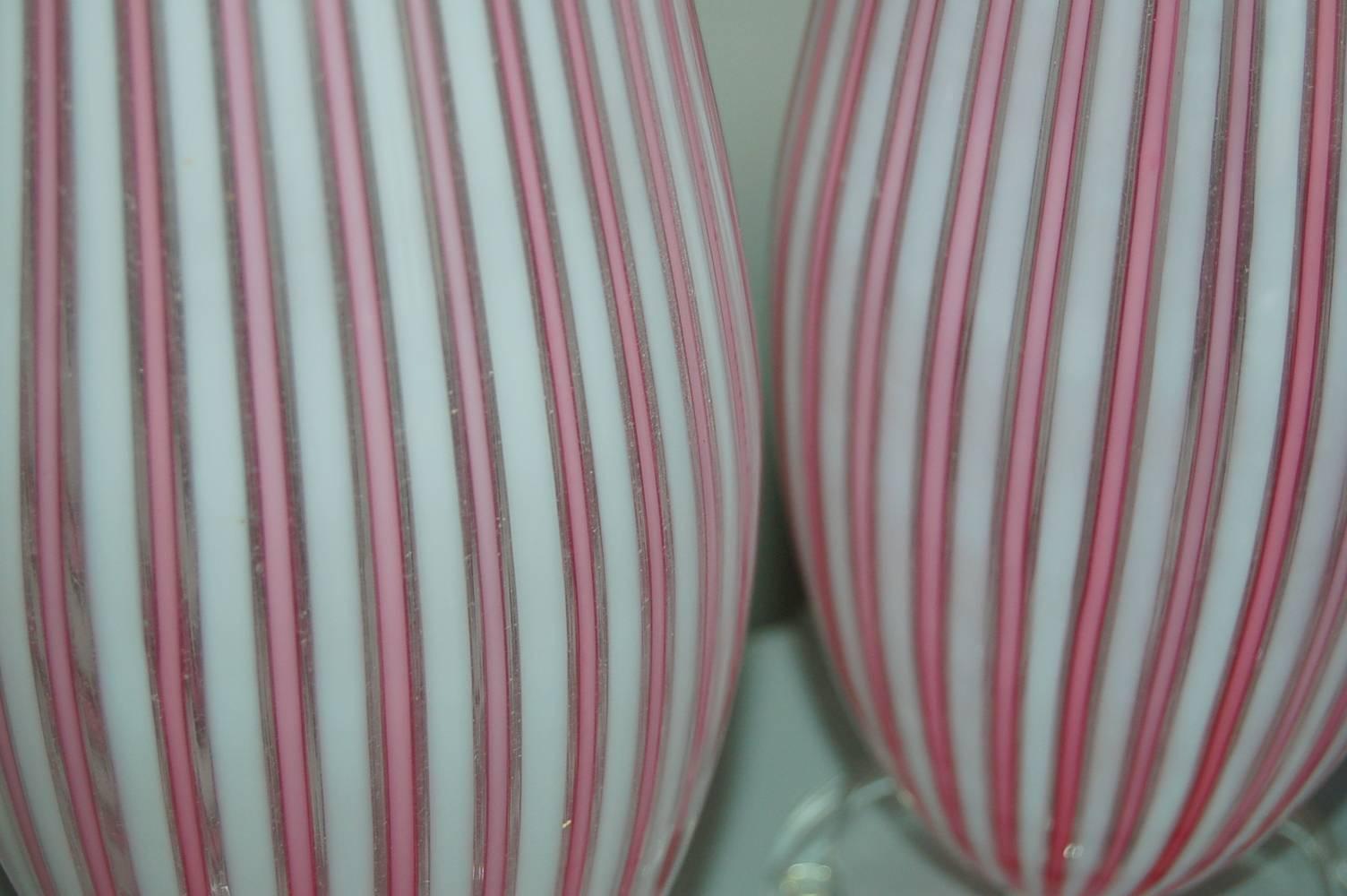 Plated Matched Pair of Striped Pink Vintage Murano Lamps by Dino Martens
