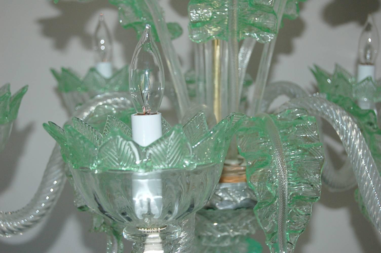 Hollywood Regency Chandelier Murano Glass of Murano Crystal with Green For Sale
