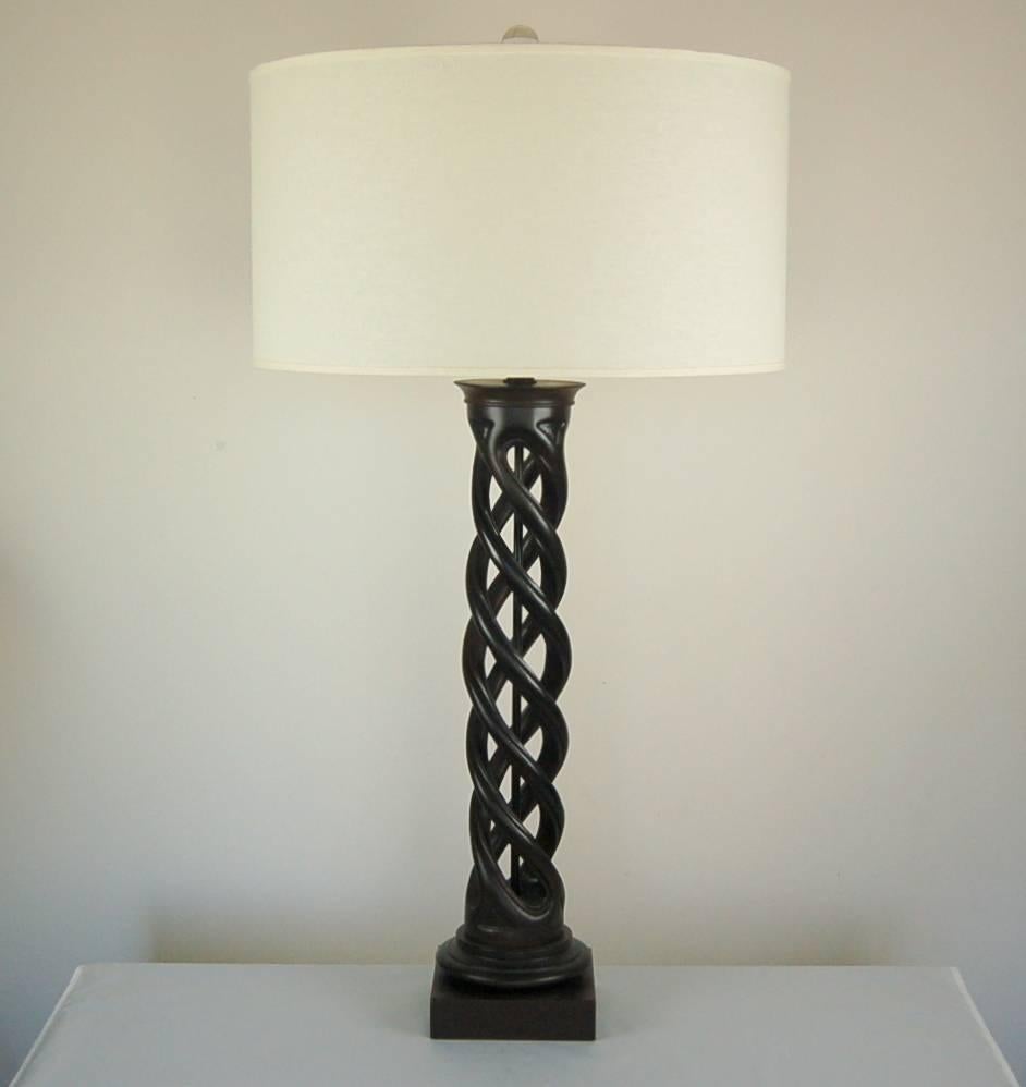 The dramatic Helix lamp, designed by equally dramatic James Mont, a man of mystery. The CHOCOLATE BROWN lamps are topped with a circular collar which match the raised socel foot.

The lamps are 33 inches tall from tabletop to socket top. As shown,