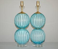 Pair of Stacked Ball Murano Table Lamps in Blue with Gold
