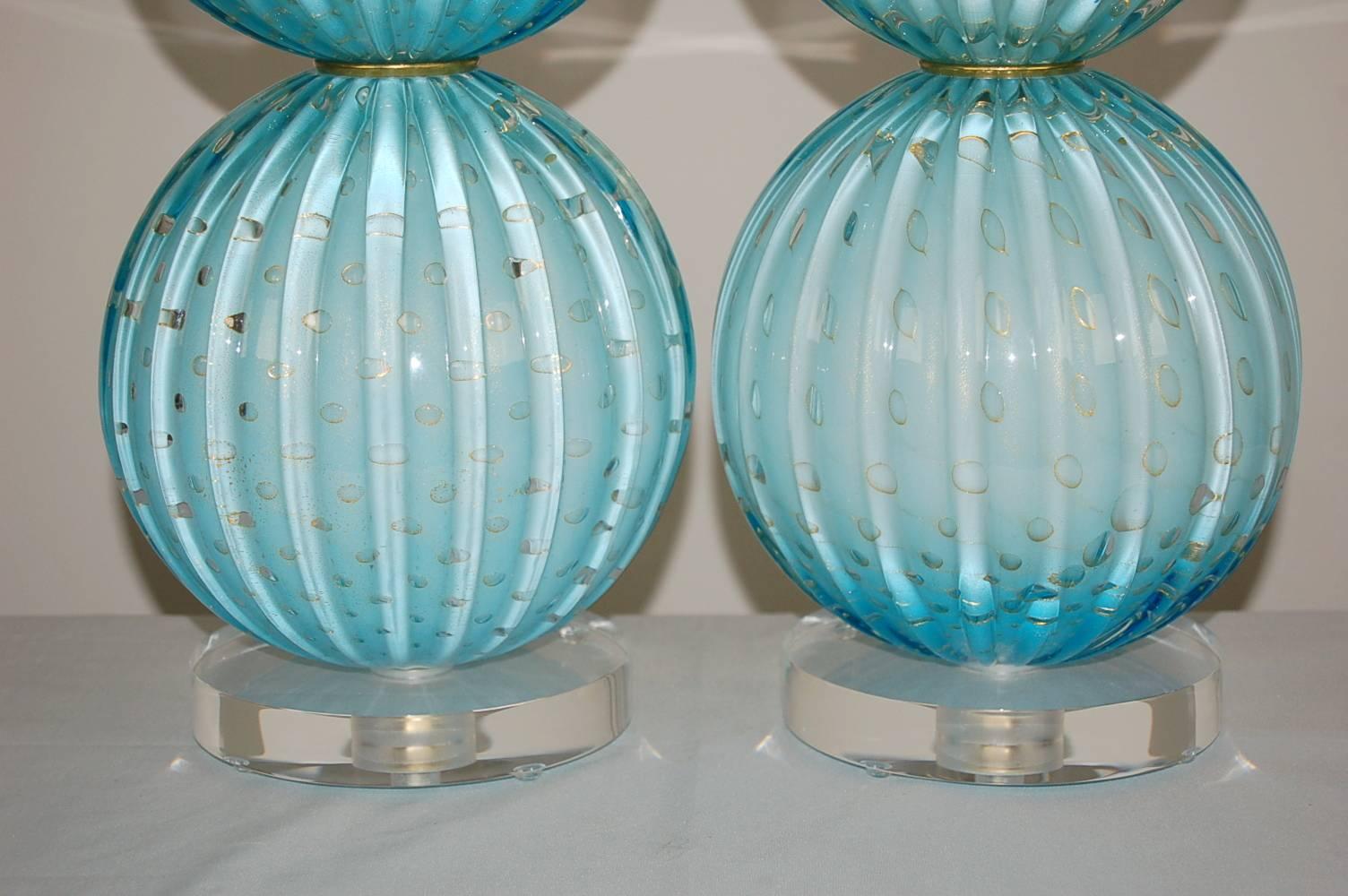 Italian Pair of Stacked Ball Murano Table Lamps in Blue with Gold  For Sale