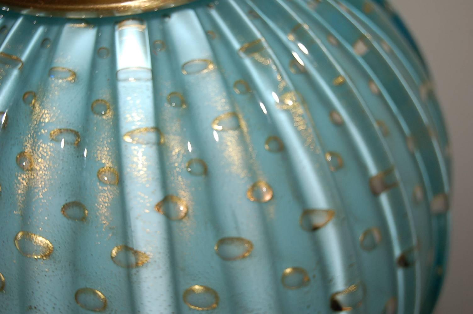 Pair of Stacked Ball Murano Table Lamps in Blue with Gold For Sale 2