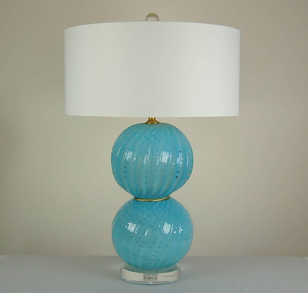 Mid-Century Modern Matched Pair of Vintage Murano Opaline Ball Table Lamps in Blue For Sale