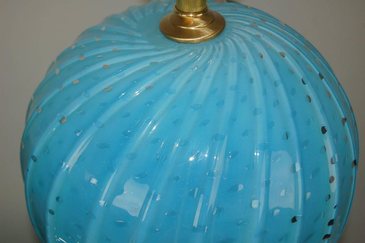 Matched Pair of Vintage Murano Opaline Ball Table Lamps in Blue For Sale 1