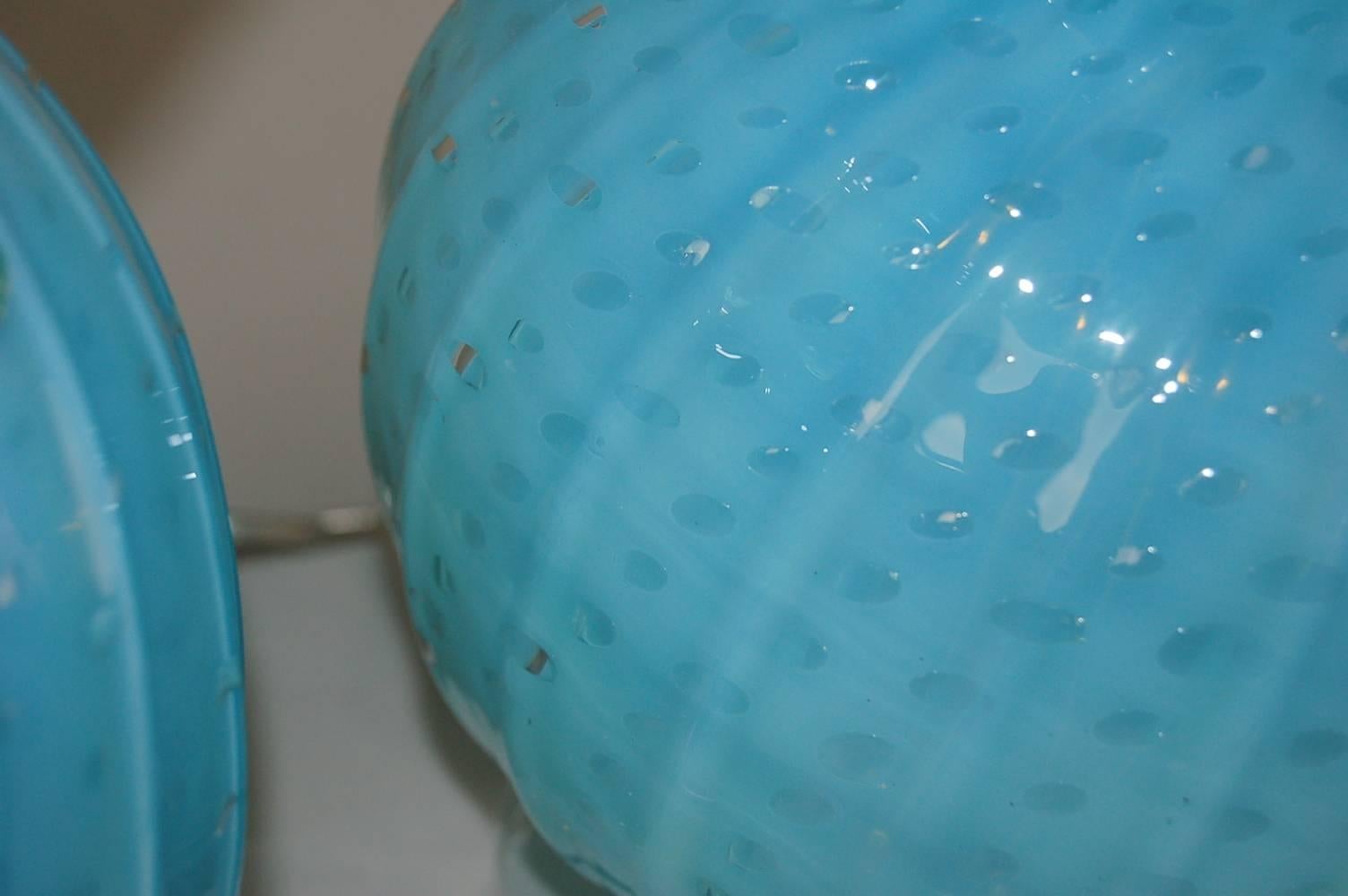 Matched Pair of Vintage Murano Opaline Ball Table Lamps in Blue For Sale 2