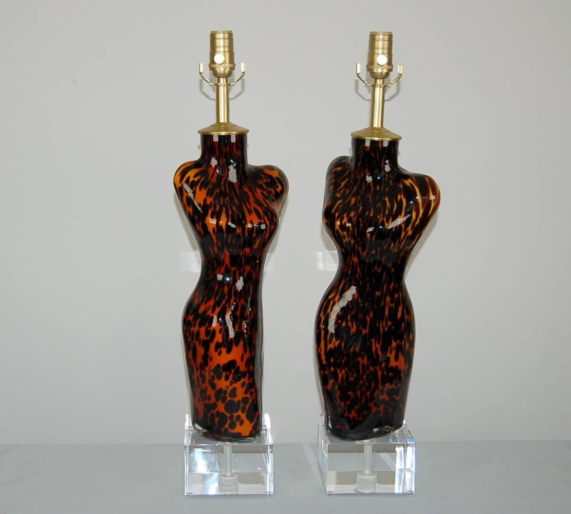 LEOPARD SPOTS pair of Murano glass table lamps, handblown into a mold.  They are presented on large Lucite plinths - fabulous and imposing!

The lamps measure 26 inches from tabletop to socket top. As shown, the top of shade is 30 inches high.