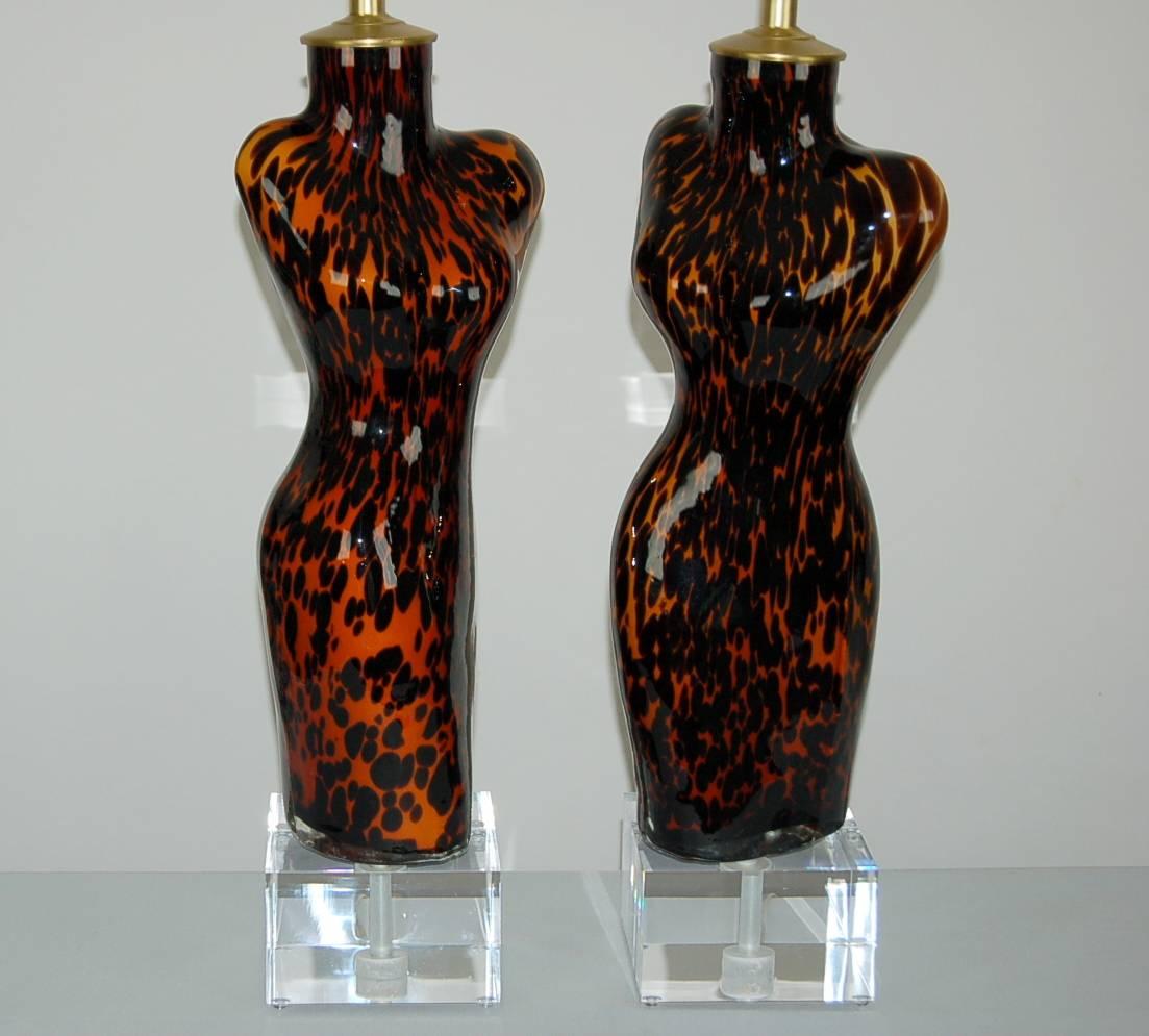 Italian Orange And Black Venus Murano Glass Lamps  For Sale