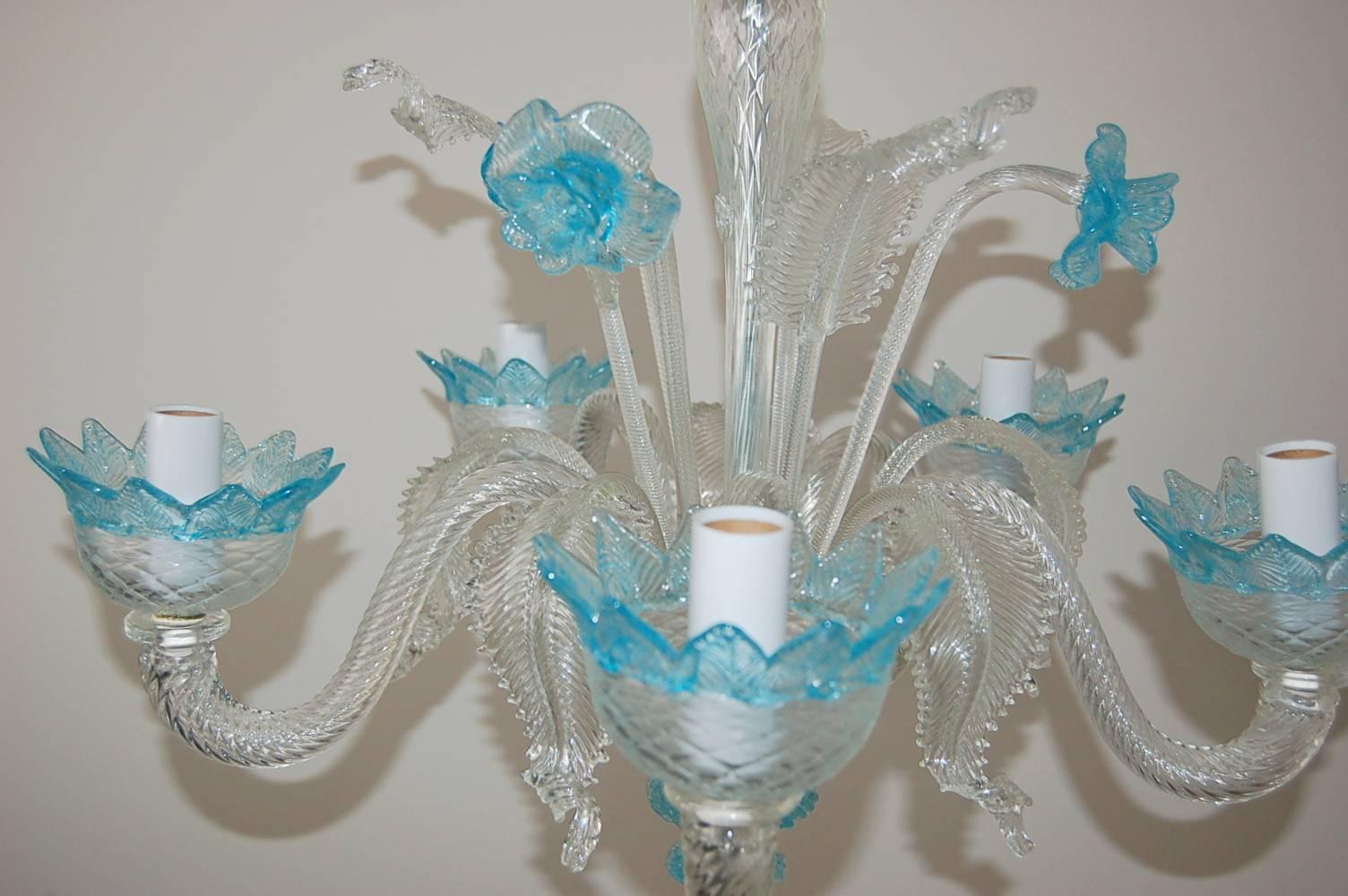 Hollywood Regency Chandelier Murano Glass of Crystal with Blue Accents For Sale
