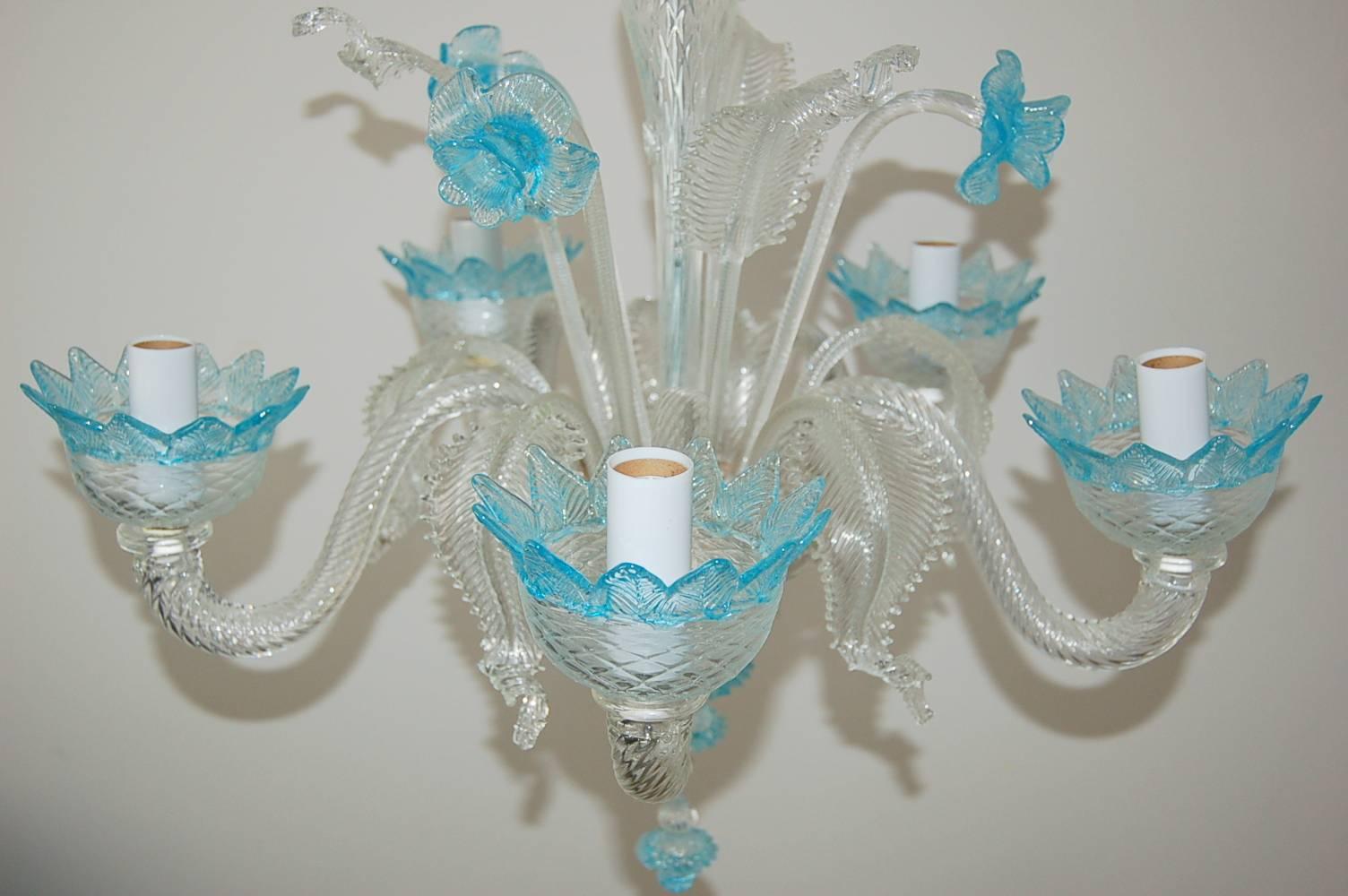 Italian Chandelier Murano Glass of Crystal with Blue Accents For Sale