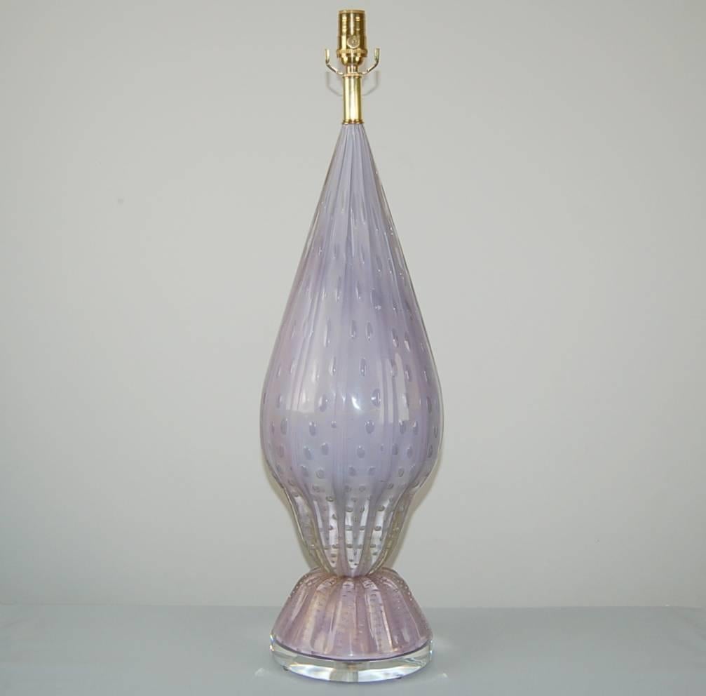 A single vintage Murano table lamp so large and prepossessing, a pair would be superfluous! Dreamy LAVENDER with ORCHID highlights - the abundance of gold brings out the intensity of the color. Very elegant!

The lamp stands 31 inches from tabletop