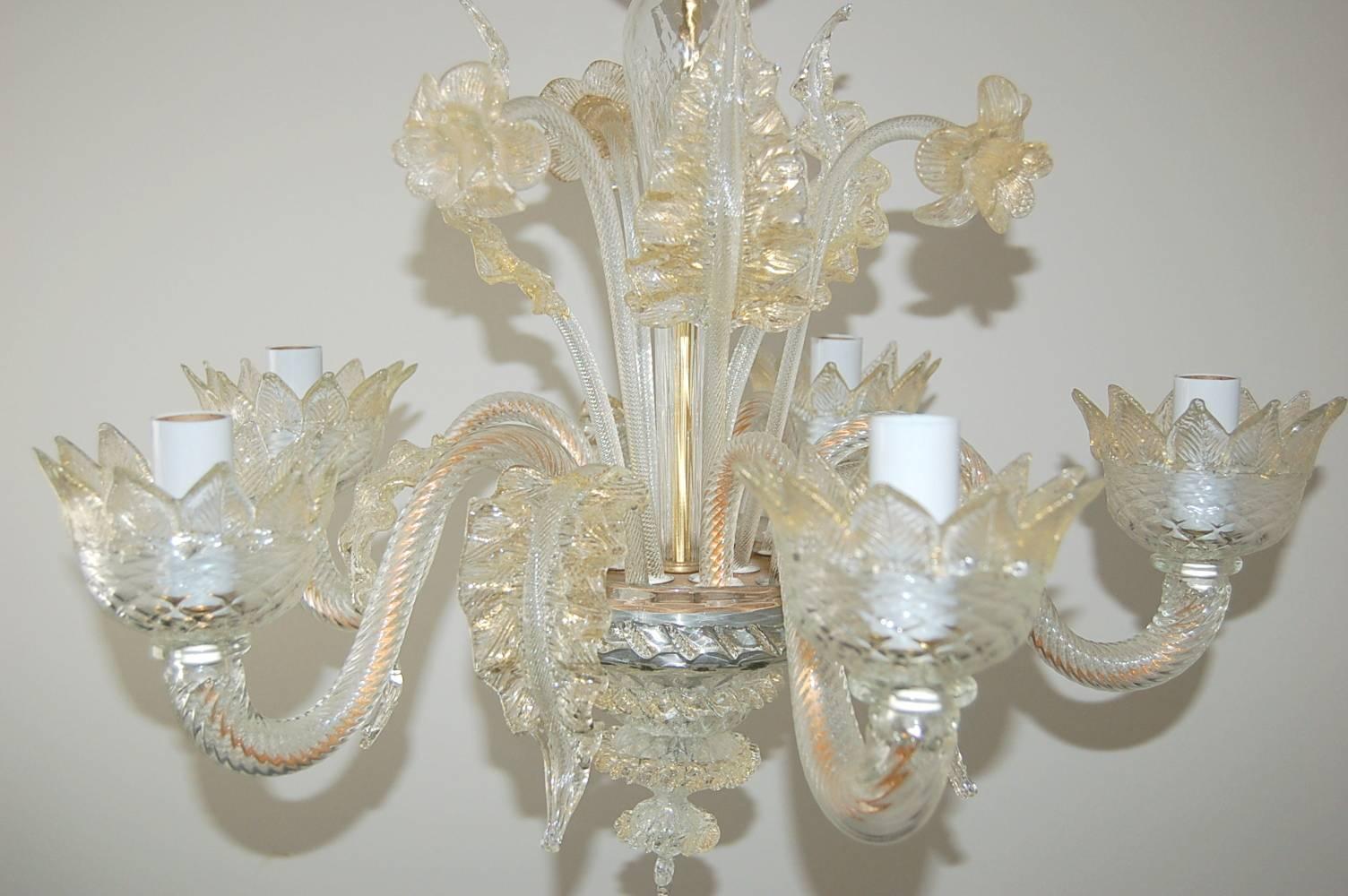 Hollywood Regency Chandelier Murano Clear Glass with Gold  For Sale
