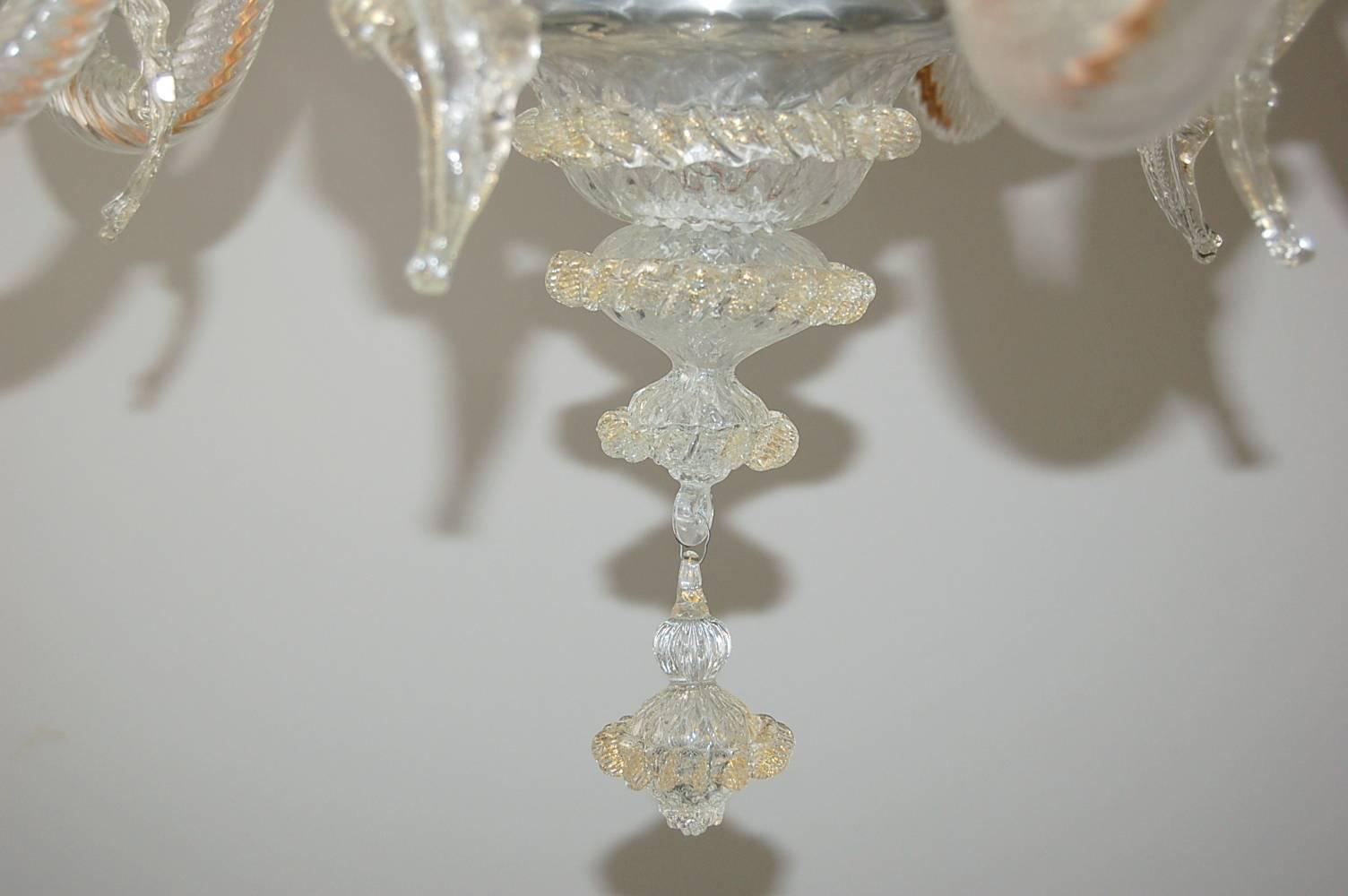 Italian Chandelier Murano Clear Glass with Gold  For Sale