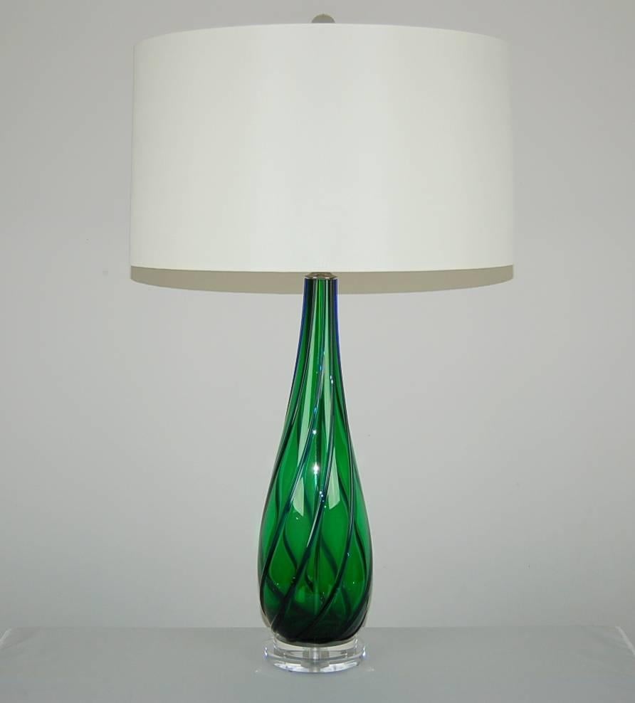 Mid-Century Modern Matched Pair of Vintage Murano Lamps in Green and Blue