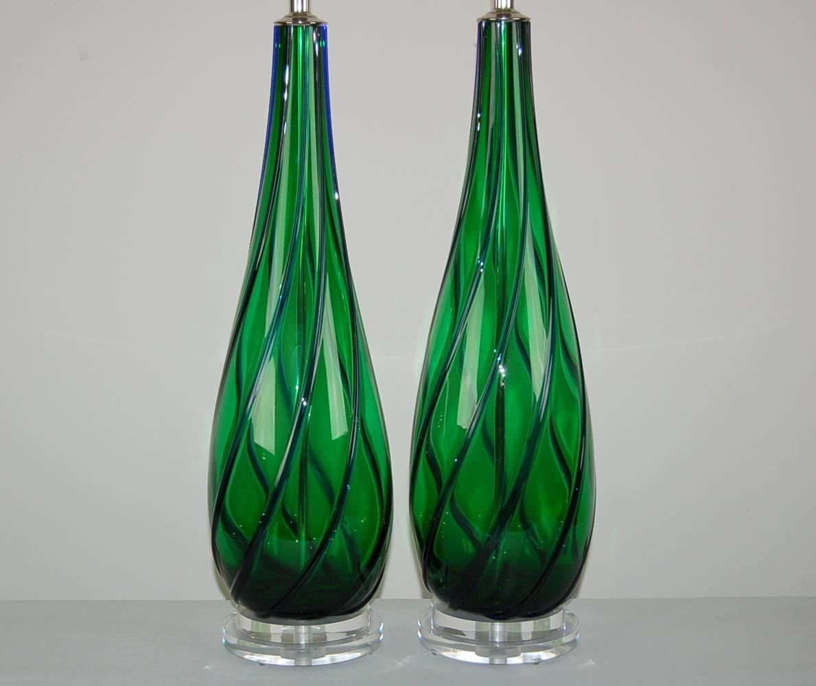 Italian Matched Pair of Vintage Murano Lamps in Green and Blue