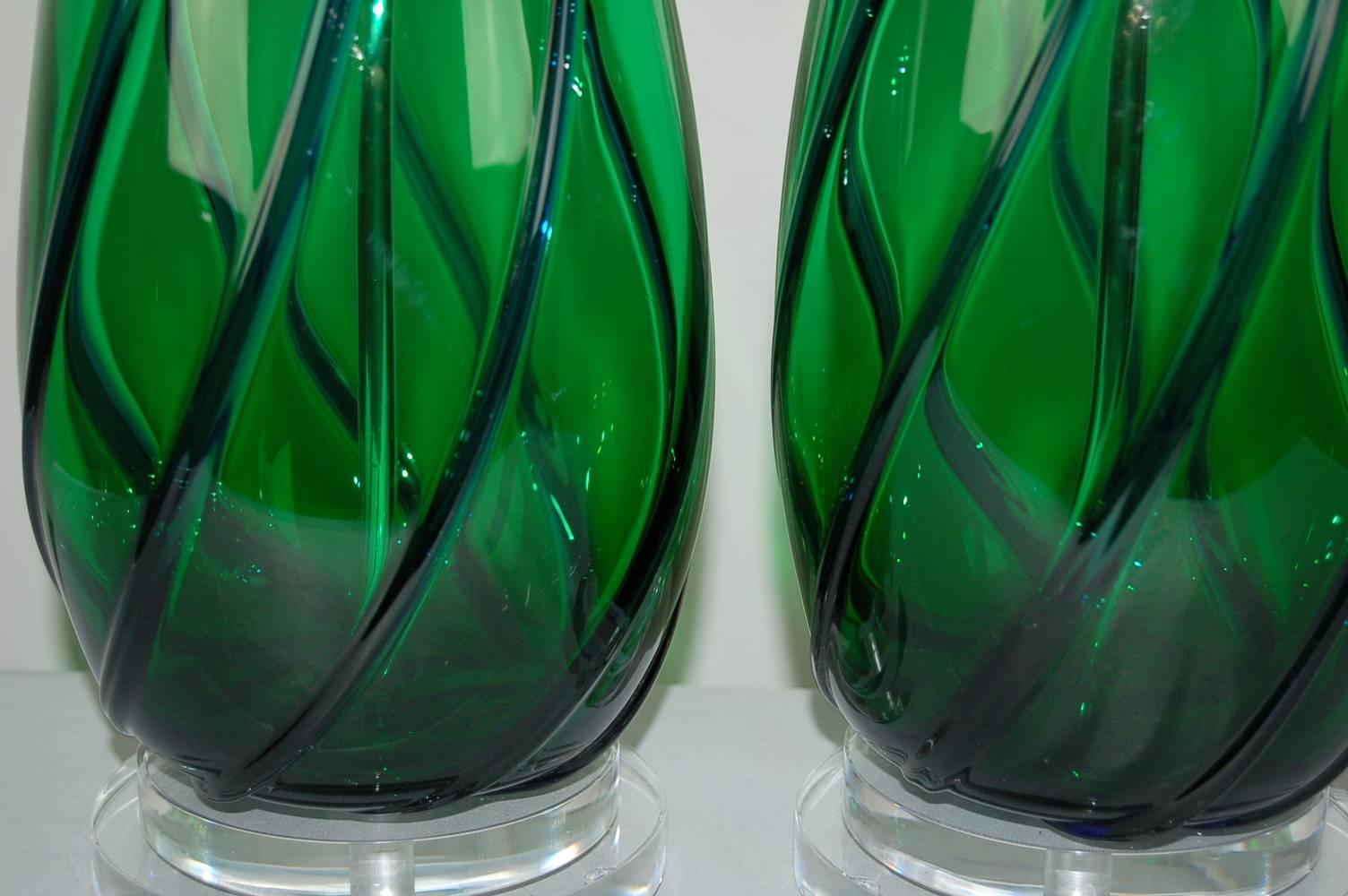 Plated Matched Pair of Vintage Murano Lamps in Green and Blue