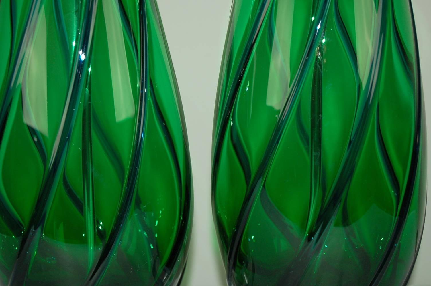 Mid-20th Century Matched Pair of Vintage Murano Lamps in Green and Blue